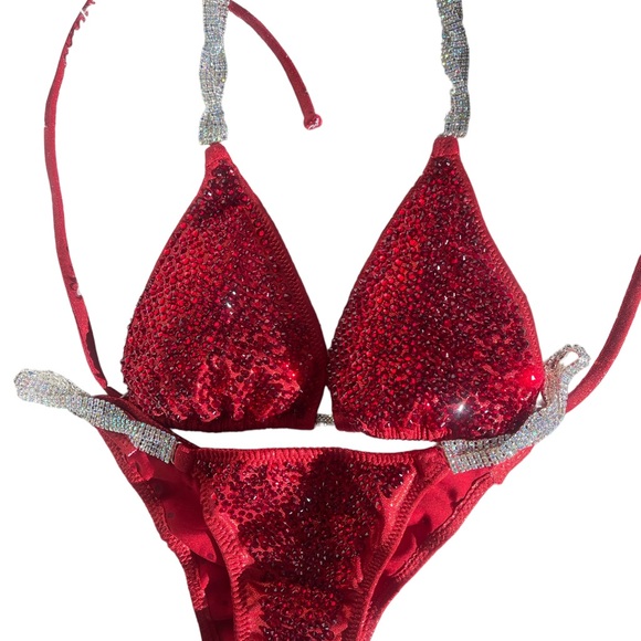 Red competition bikinis custom made rhinestones New posing bikini wellness NPC - Picture 4 of 7